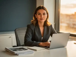 Professionele vrouw rust hand op gesloten laptop aan modern bureau, kijkt peinzend vooruit in warm gouden kantoorlicht.