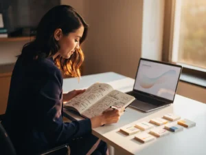 Vrouw aan modern bureau bestudeert notitieboek met AI-concepten, laptop en sticky notes in warm middaglicht.