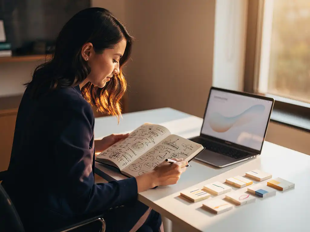 Vrouw aan modern bureau bestudeert notitieboek met AI-concepten, laptop en sticky notes in warm middaglicht.
