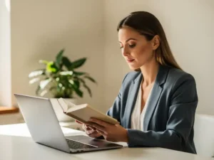 Professionele vrouw pauzeert met een open boek aan een modern bureau, laptop voor haar, zacht natuurlijk licht en een kamerplant op de achtergrond.