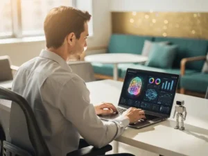 Medewerker aan modern bureau met laptop met AI-leerplatform, klein robotfiguur naast toetsenbord, open kantooromgeving op de achtergrond.