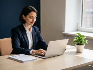 Medewerker aan modern bureau met gesloten laptop en uitgeprint beleidsdocument, rustige kantooromgeving met natuurlijk licht.