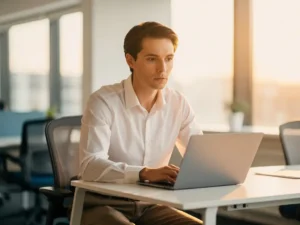 Medewerker pauzeert peinzend achter laptop in licht modern kantoor met warm natuurlijk raamlicht.