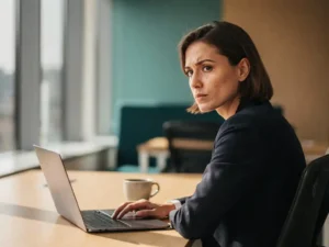 Werknemer kijkt zijdelings naar laptopscherm in modern open kantoor, koffiekop op bureau, zacht natuurlijk licht.