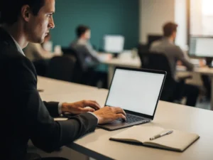 Medewerker staart peinzend naar laptopscherm aan modern bureau, open notitieboekje naast toetsenbord, collega's onscherp op achtergrond.