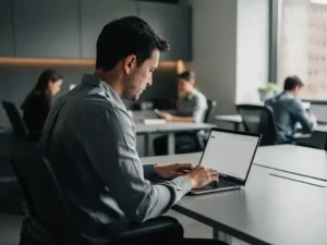 Werknemer test discreet een onbekende app op persoonlijke laptop in modern open kantoor, collega's op de achtergrond.