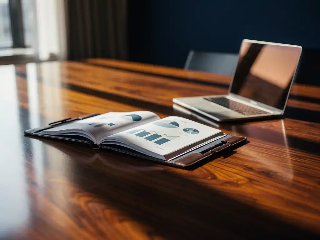Leren rapport met groeigrafiek op glanzende vergadertafel, laptop op achtergrond, zakelijke sfeer in marineblauw en amber.